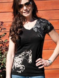 Cowgirls for a Cause black v-neck t-shirt with white horse screened on the front and flowers on the shoulder.