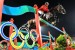 Hickstead_LamazeE_OLYM Eric Lamaze and his horse Hickstead soar over a colorful jump incorporating the Olympic rings at the 2008 games.