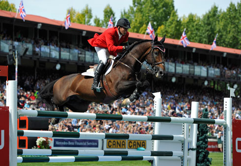 Eric Lamaze and Hickstead jump for a full stadium at the CN International $1 Million Grand Prix in Spruce Meadows, Canada in Septebmer 2011.