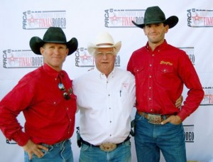 The new head of the California Rodeo Circuit, Johnny Zamrzla flanked by "pick up men" Bobby Marriott and Matt Twitchell. Pick-ups literally lift cowboys out of harm's way. (Photo by Gene Hyder / PRCA)