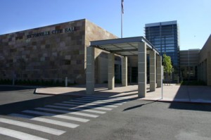 The stone facade of City Hall in Victorville, CA, the location of a wild horse rally and hearing.