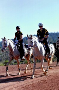 Husband and wife Jeremy and Heather Reynolds make a pretty pair riding side-by-side on their gray horses at the 2011 NAETC championship in July.