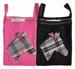 Children's tank shirts in pink and black with plaid horse heads