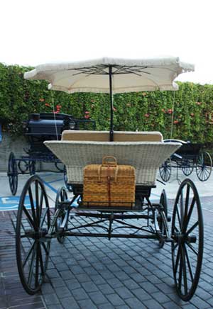 The Parasol Top Basket Phaeton is largely made of wicker and includes a picnic basket.