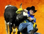 Graphically-enhanced image of a cowboy wrestling a steer.