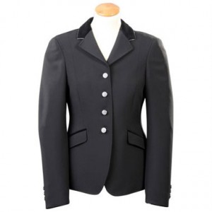 Black dressage coat with rhinestone buttons.