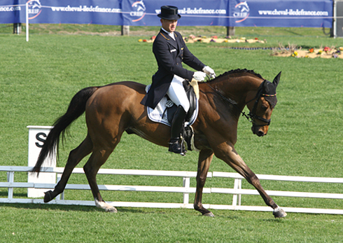 Germany's Michael Jung rides his horse in a dressage test on lush green grass.