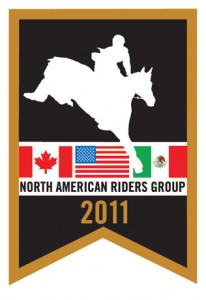 NARG logo: Silhouette of a horse jumping over the flags of three nations -- Canada, the U.S. and Mexico -- with the words North American Riders Group