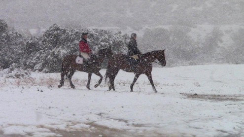 Riders on horseback in the Southern California snow