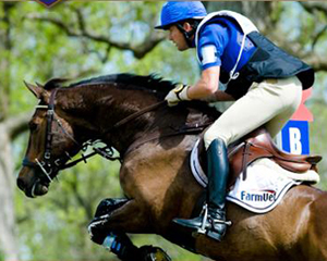 Eventer at the apex of a cross-country jump.