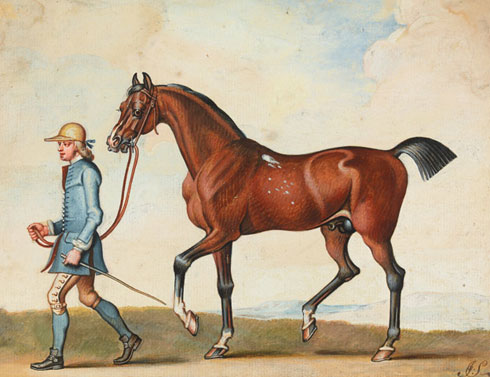 Painting of a groom leading a bay Thoroughbred horse.