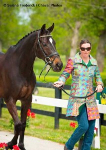 Robin Wiegersma from Great Britain in a neon-colored coat dress of polka dots.