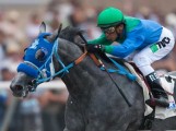 Grey Thoroughbred Creative Cause and jockey Raphael Bejarno look striking racing in bright blue and green silks.