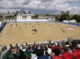 A cloudy sky adds drama to an equestrian competiton at Greenwich Park, London.