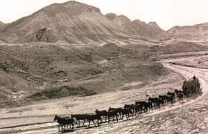 Vintage image of 20-mule team pulling wagons in the California desert.