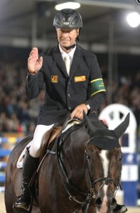 Sweden's Rolf-Göran Bengtsson waves from his horse Casall La Silla.