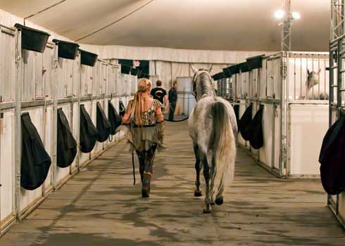 Inside the traveling stables of Cavalia.