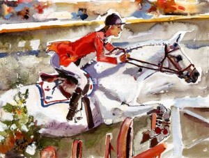 Watercolor painting of Conrad Homfeld and Abdullah jumping.