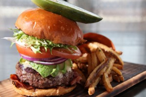 Gourmet burger and fries.