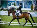 Hannah Sue Burnett and her bay horse Harbor Pilotcompete in the dressage phase of three-day eventing.