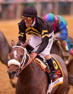 Oxbow and jockey Gary Stevens cross the finish line.