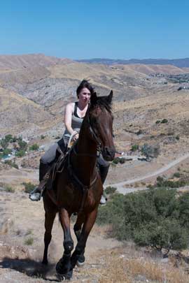 Sara Warner and Tower ride the high country against a bright blue sky.