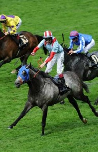 Grey horse Lethal Force crosses the finish line at Ascot.