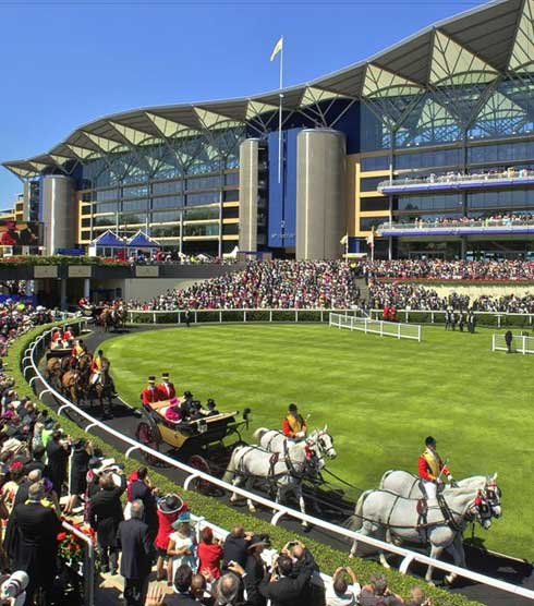 A carriage and white horses mark the Queen of England's arrival at Ascot.