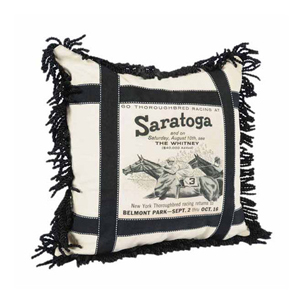 Fringed pillow with vintage Saratoga graphic