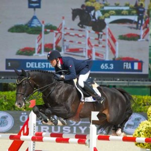 France's Simon Delestre and Qlassic Bois Margot jump before their painted image.