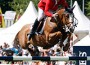 Flexible, a fiery chestnut stallion with a distinctive white blaze, propels rider Rich Fellers over an oxer at St. Gallen, Switzerland.