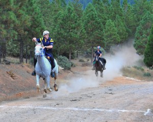 Jeremy Reynolds gallops his gray horse across the finish line with another rider hot on his heels.