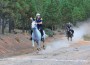 Jeremy Reynolds gallops across the finish line on his gray Arabian at the NAERTC championship, with another rider in hot pursuit.