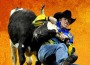 Graphically-enhanced image of a cowboy wrestling a steer.