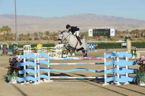 Josephina Nor Lantzman and her gray horse Chello Z sail over an aqua blue jump in the outdoor grand prix field.