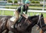 Close-up of Kerry Condon riding a Thoroughbred race horse.