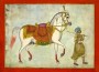 Middle Eastern painting of a white horse being led by a groom.