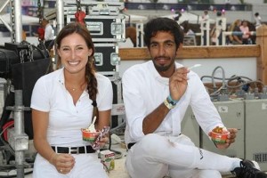 Jessica Springsteen with Sheikh Shakhboot Bin Nahyan Al Nahyan cut cool figures in their all-white riding togs, enjoying ice cream during a break.