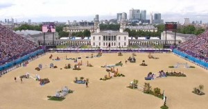 Panoramic view of the Olympic show jumping course against background of London