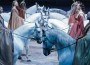 Two rows of white horses perform Cavalia's "Carousel."