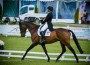 Hannah Sue Burnett and her bay horse Harbor Pilotcompete in the dressage phase of three-day eventing.