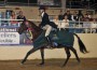 Jenny Karazissis and Jamestown gallop around the indoor ring at the L.A. Equestrian Center wearing the green victory cooler.