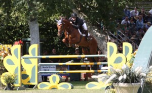 Justin Resnik and the chestnut horse Charismo Z clear a vertical jump.