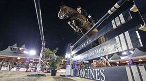 Marcus Ehning and Plot Blue seen from below in wide angle at the GCT Cannes.