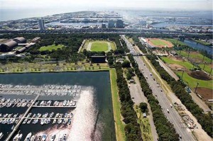 Aerial view of Yumenoshima Park near Tokyo.